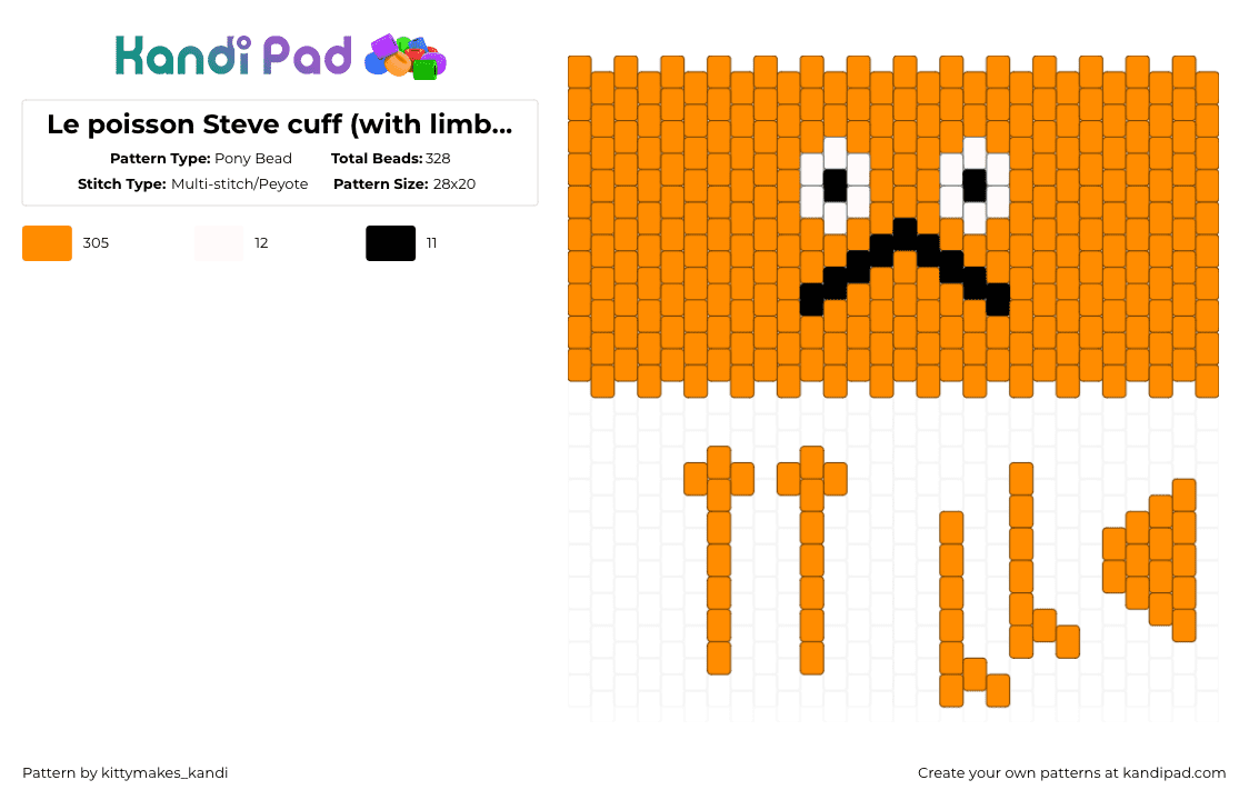 Le poisson Steve cuff (with limbs and fin!) - Pony Bead Pattern by kittymakes_kandi on Kandi Pad - il a de bras, il de jambes, il est orange, kitty, kittymakes, kittymakeskandi, le poisson steve, orange