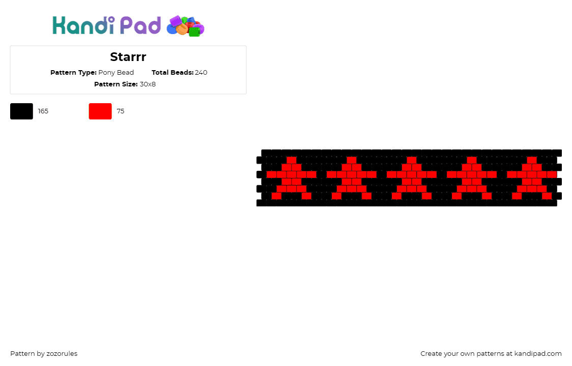 Starrr - Pony Bead Pattern by zozorules on Kandi Pad - stars,emo,dark,repeating,cuff,black,red