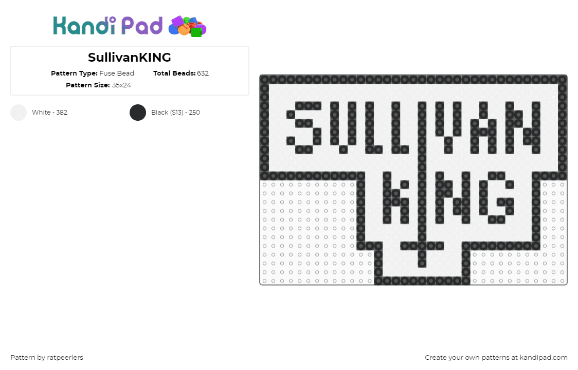 SullivanKING - Fuse Bead Pattern by ratpeerlers on Kandi Pad - sullivan king,logo,dj,music,text edm,metal,black,white