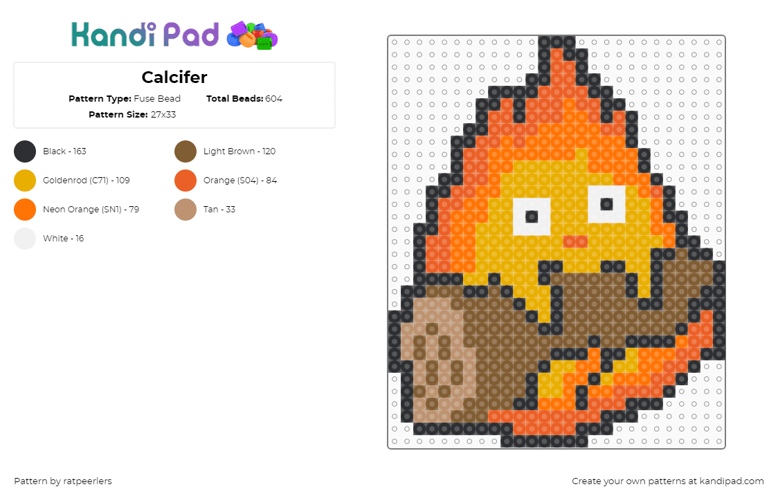 Calcifer - Fuse Bead Pattern by ratpeerlers on Kandi Pad - calcifer,howls moving castle,ghibli,log,fire,character,anime,movie,orange,brown