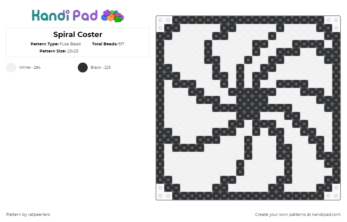 Spiral Coster - Fuse Bead Pattern by ratpeerlers on Kandi Pad - hypnotic,swirl,coaster,black,white