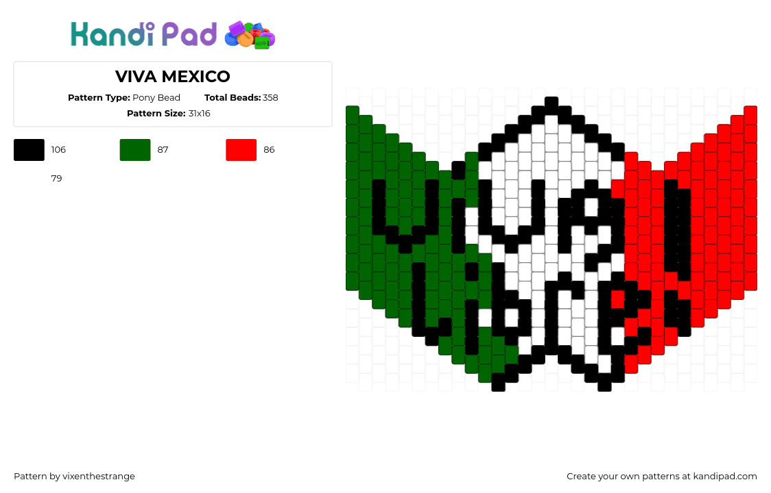 VIVA MEXICO - Pony Bead Pattern by vixenthestrange on Kandi Pad - viva libre,mexico,mask,support,green,white,red