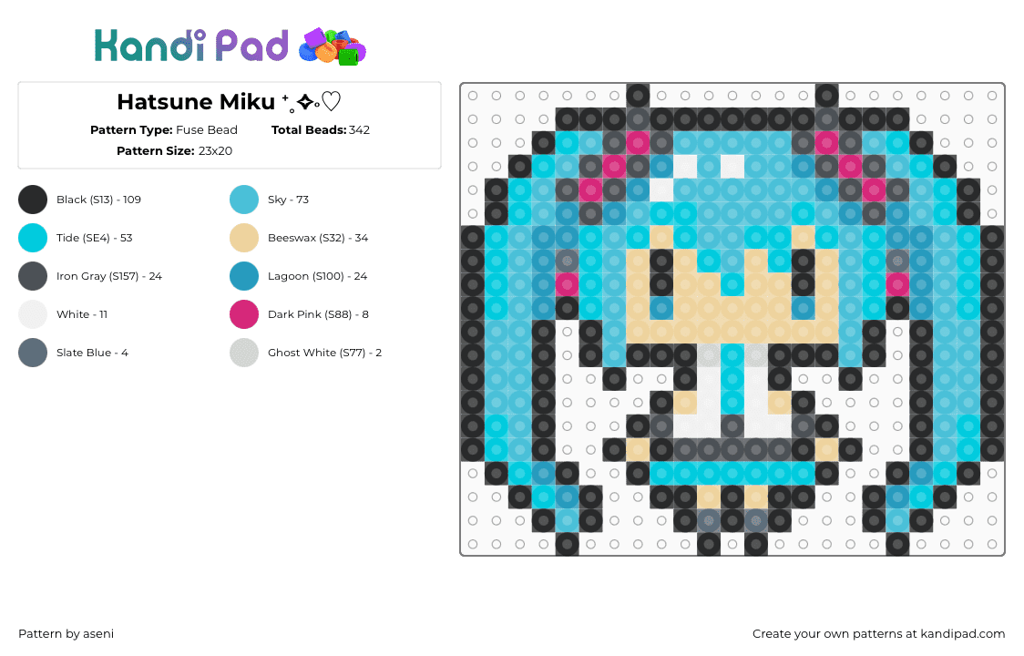 Hatsune Miku ⁺˳✧༚♡ - Fuse Bead Pattern by aseni on Kandi Pad - hatsune miku,vocaloid,music,character,light blue