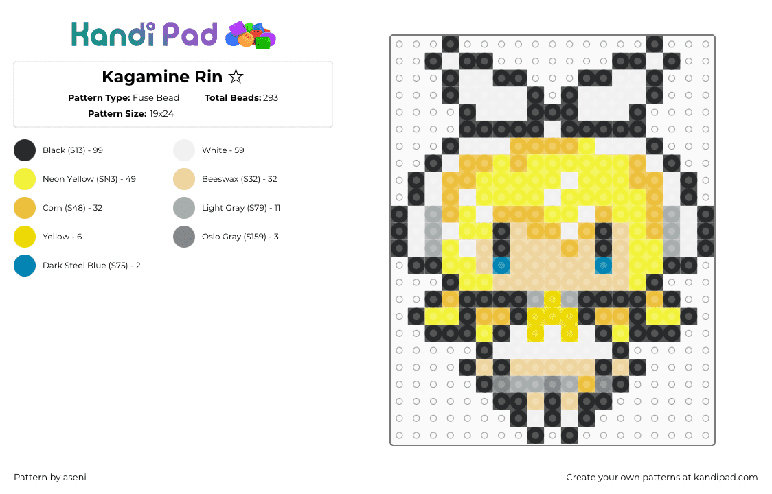 Kagamine Rin ☆ - Fuse Bead Pattern by aseni on Kandi Pad - kagamine rin,vocaloid,blonde,music,yellow