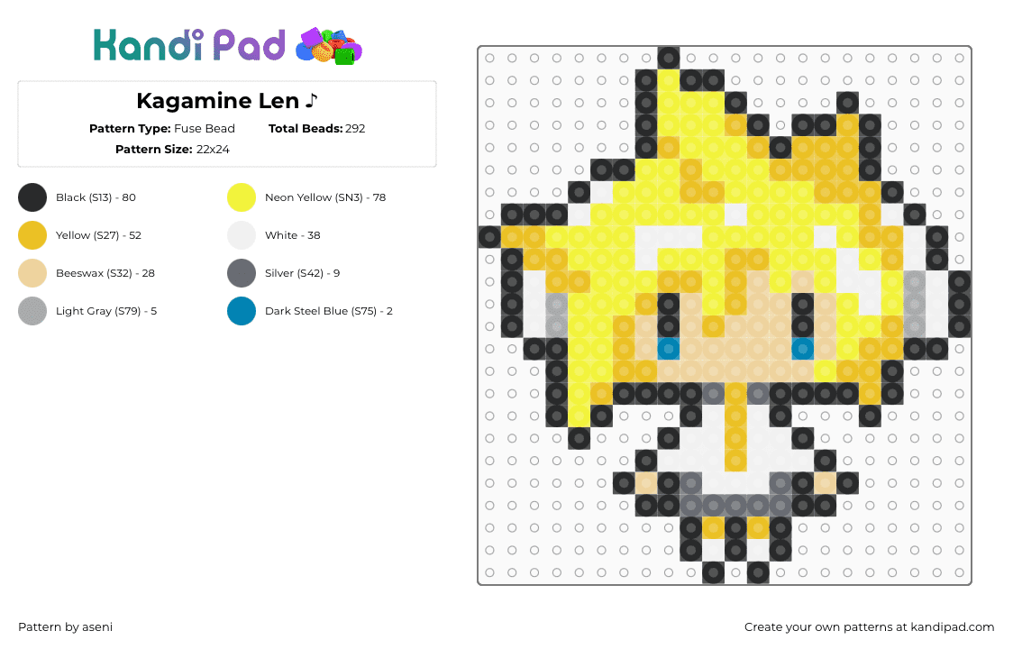 Kagamine Len ♪ - Fuse Bead Pattern by aseni on Kandi Pad - kagamine len,vocaloid,blonde,music,white,yellow