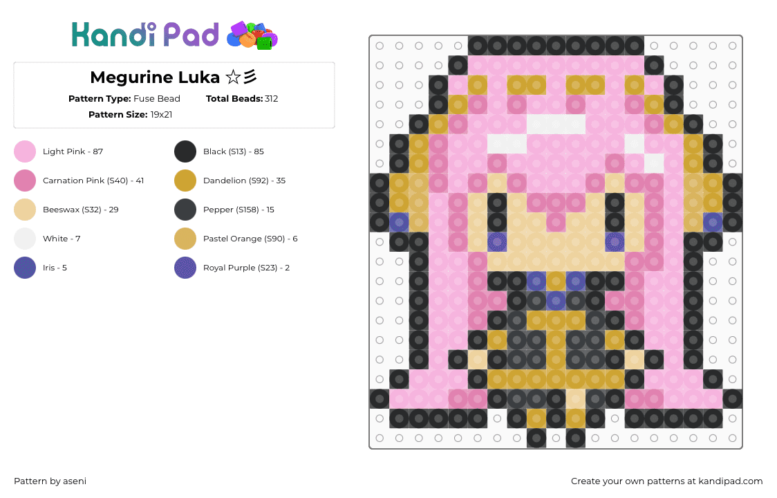 Megurine Luka ☆彡 - Fuse Bead Pattern by aseni on Kandi Pad - megurine luka,vocaloid,cv03,music,chibi,character,pink,yellow