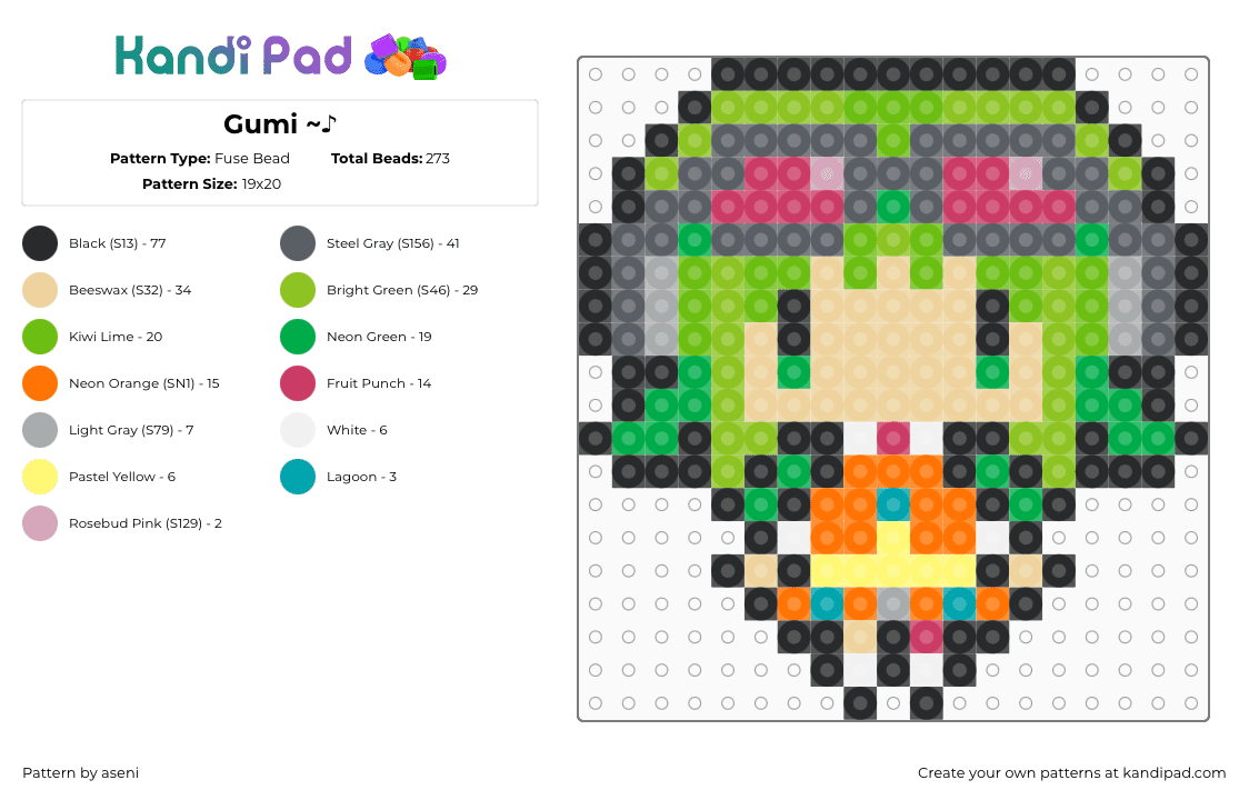 Gumi ~♪ - Fuse Bead Pattern by aseni on Kandi Pad - gumi,megpoid,vocaloid,chibi,music,character,green,orange