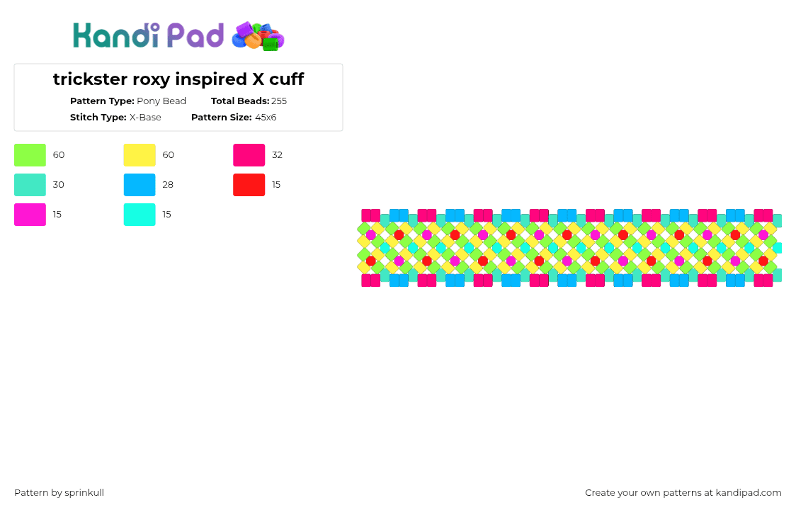 trickster roxy inspired X cuff - Pony Bead Pattern by sprinkull on Kandi Pad - pink,teal,green,yellow,homestuck,trickster,roxy lalonde
