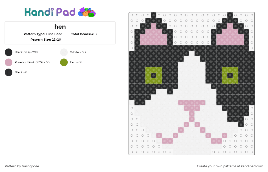 hen - Fuse Bead Pattern by trashgoose on Kandi Pad - cat,animal,head,black,white,pink