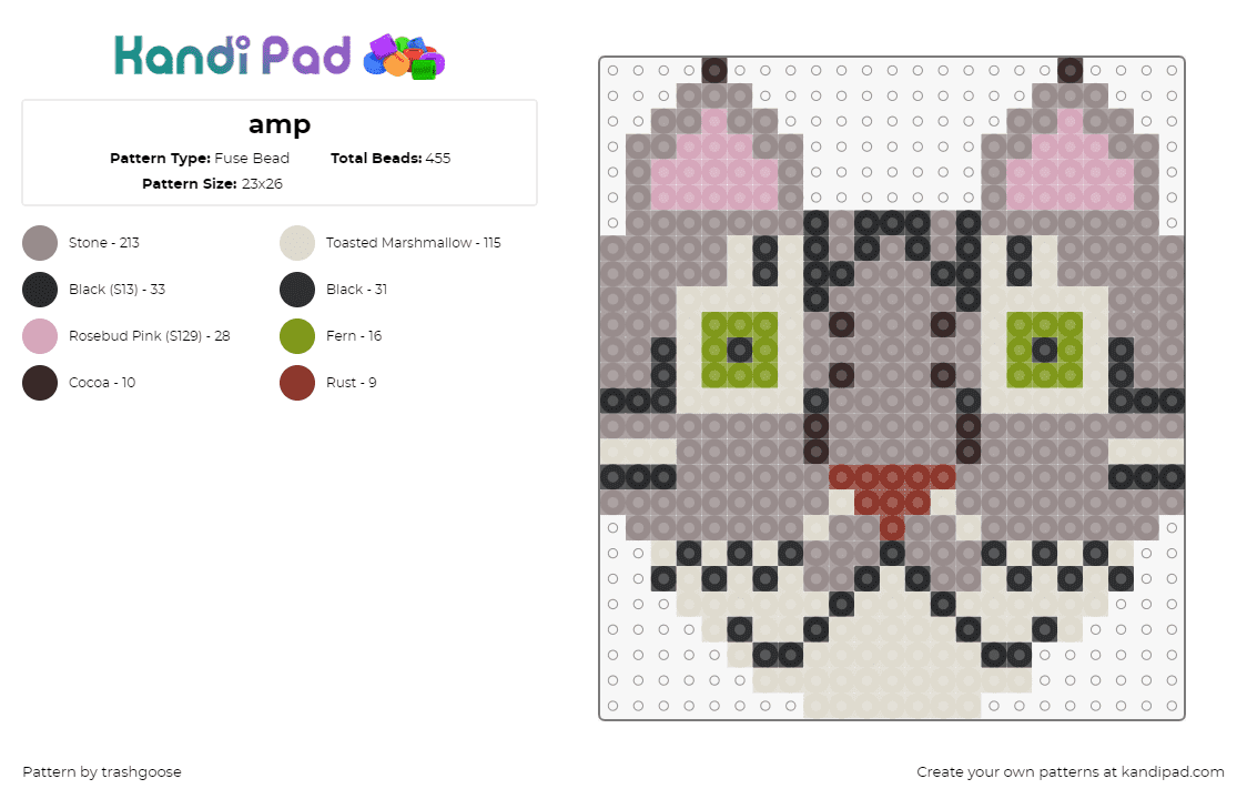 amp - Fuse Bead Pattern by trashgoose on Kandi Pad - cat,animal,head,gray,beige,pink