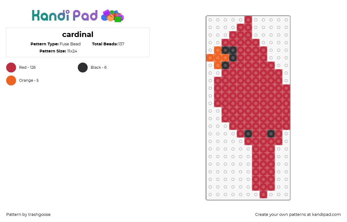 cardinal - Fuse Bead Pattern by trashgoose on Kandi Pad - cardinal,bird,animal,simple,red