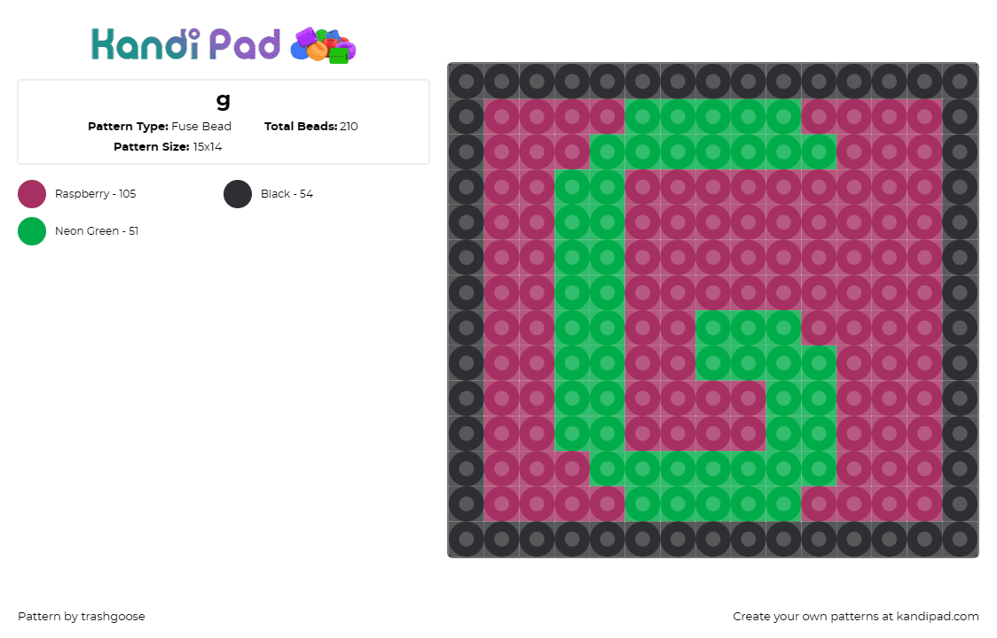 g - Fuse Bead Pattern by trashgoose on Kandi Pad - text,letter,g,alphabet,block,simple,pink,green
