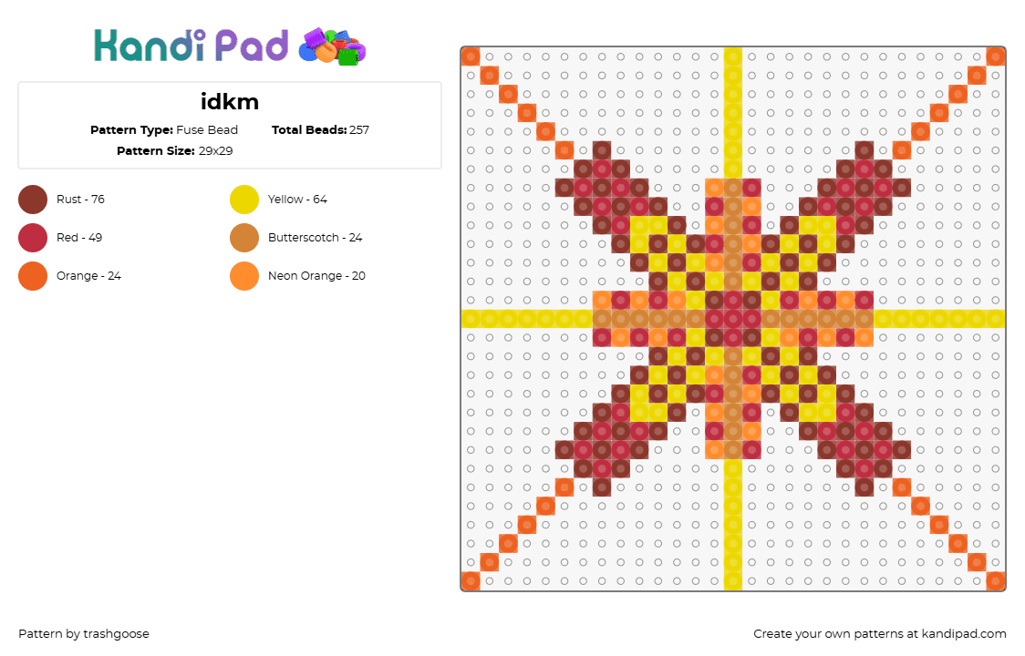 idkm - Fuse Bead Pattern by trashgoose on Kandi Pad - fiery,geometric,cross,orange,yellow,red