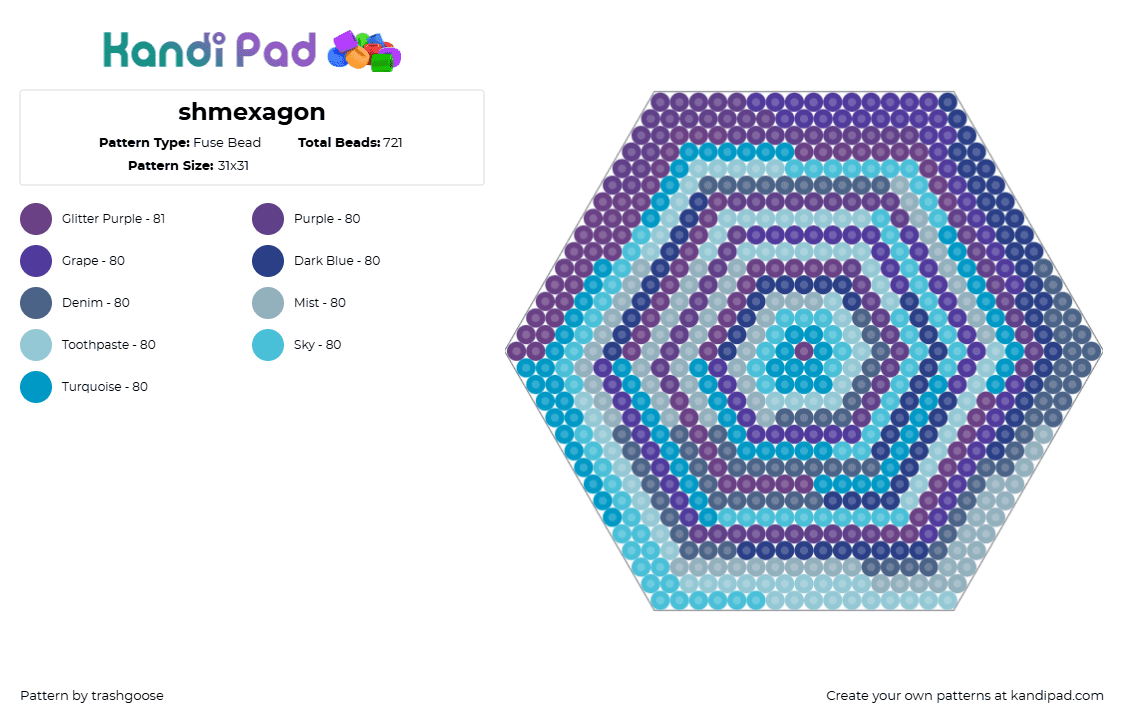 shmexagon - Fuse Bead Pattern by trashgoose on Kandi Pad - hexagon,geometric,spiral,blue,light blue,purple