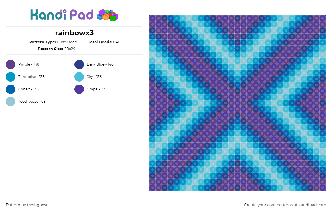 rainbowx3 - Fuse Bead Pattern by trashgoose on Kandi Pad - neon,cross,x,glow,panel,blue,light blue,purple