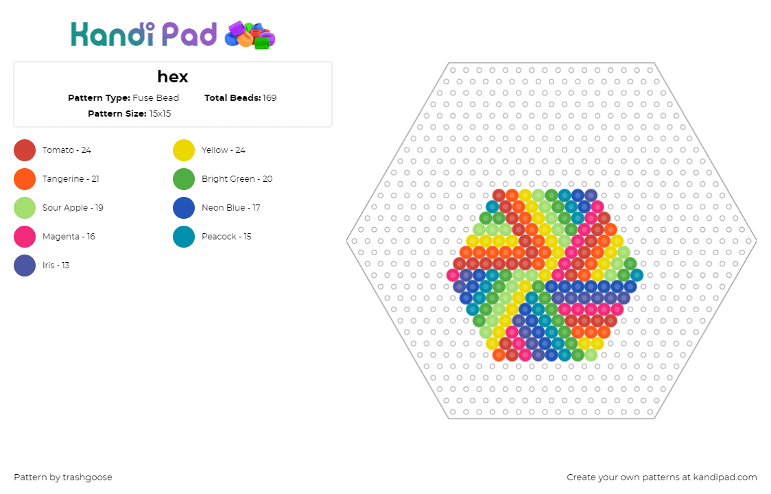 hex - Fuse Bead Pattern by trashgoose on Kandi Pad - hexagon,colorful,geometric,rainbow,orange,yellow,green,blue