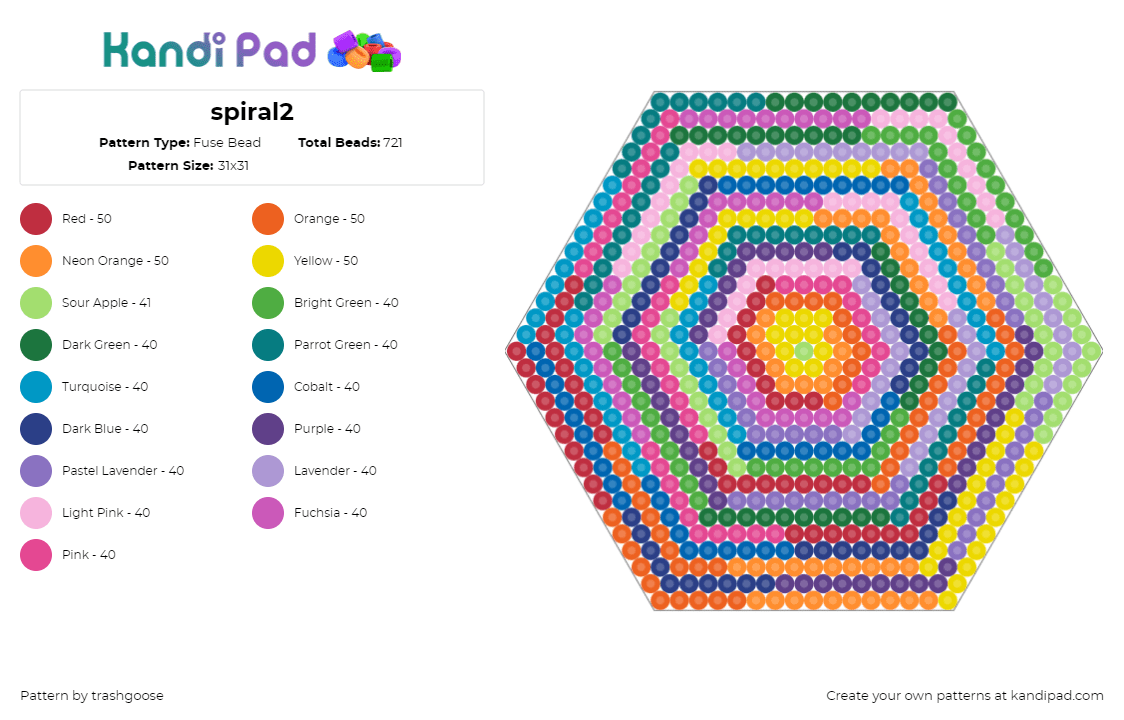 spiral2 - Fuse Bead Pattern by trashgoose on Kandi Pad - hexagon,spiral,colorful,geometric