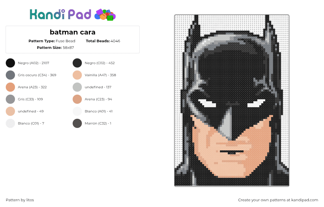 batman cara - Fuse Bead Pattern by litos on Kandi Pad - batman,superhero,portrait,dc,comic,head,character,movie,black,tan