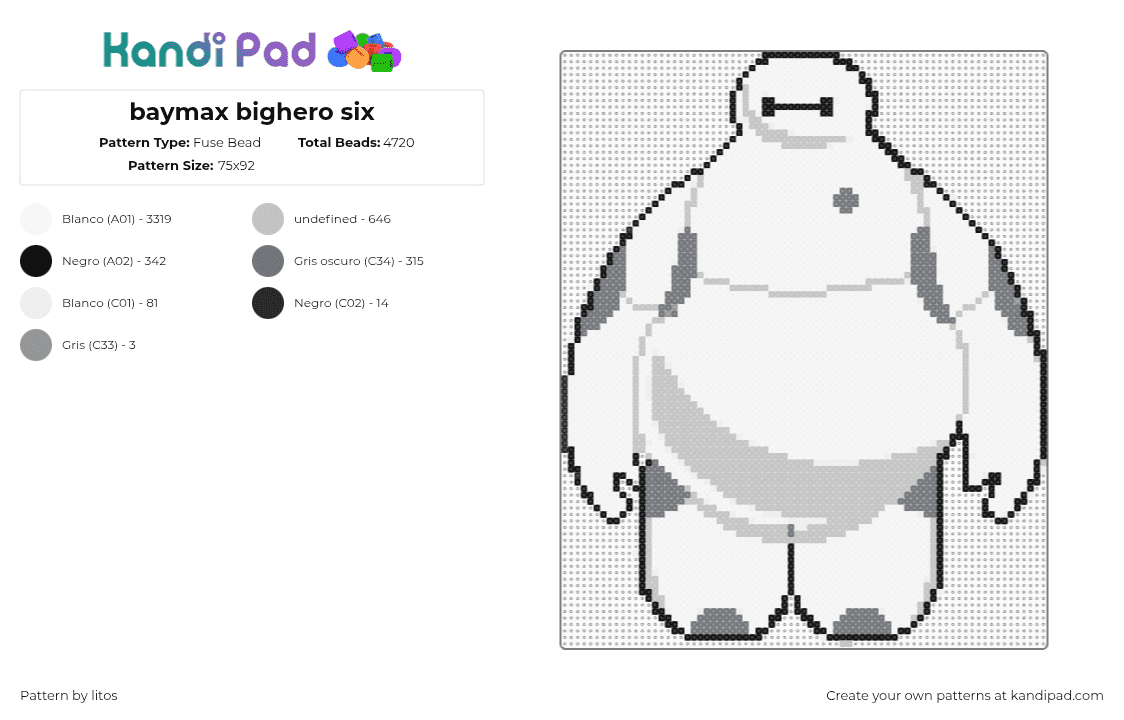 baymax bighero six - Fuse Bead Pattern by litos on Kandi Pad - baymax,big hero 6,disney,character,movie,animation,white,gray