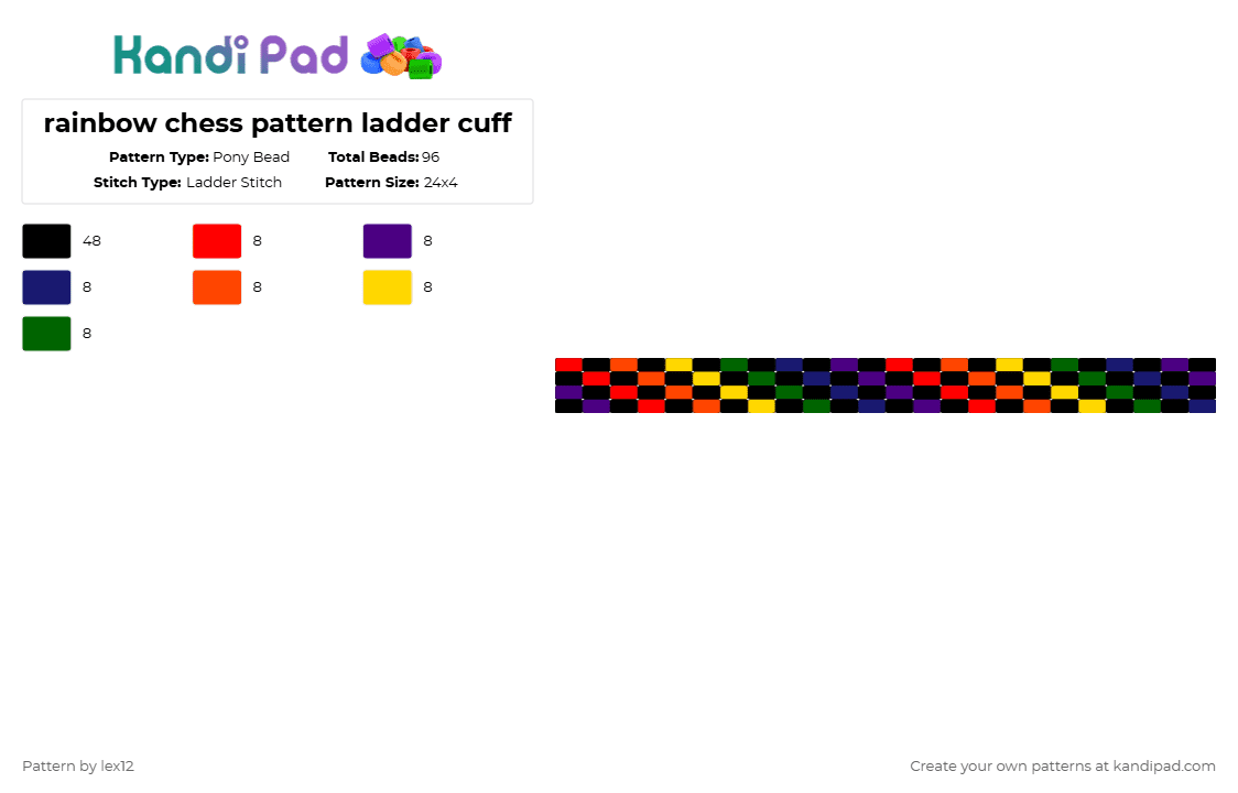 rainbow chess pattern ladder cuff - Pony Bead Pattern by lex12 on Kandi Pad - black,red,purple,rainbow,chesspattern,laddercuff