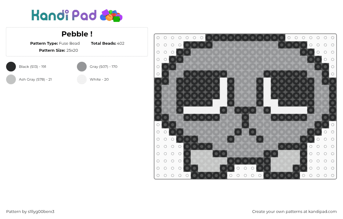 Pebble ! - Fuse Bead Pattern by s1llyg00berx3 on Kandi Pad - pebble,dandys world,face,character,cute,video game,gray