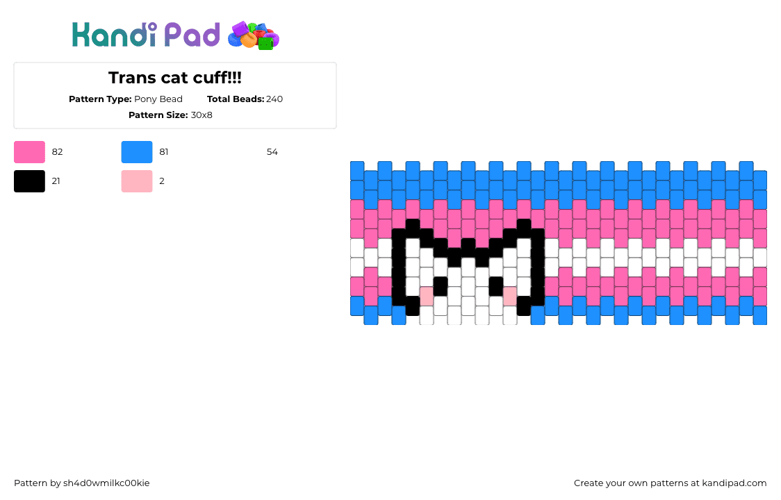 Trans cat cuff!!! - Pony Bead Pattern by sh4d0wmilkc00kie on Kandi Pad - trans,pride,cat,cuff,white,pink,blue