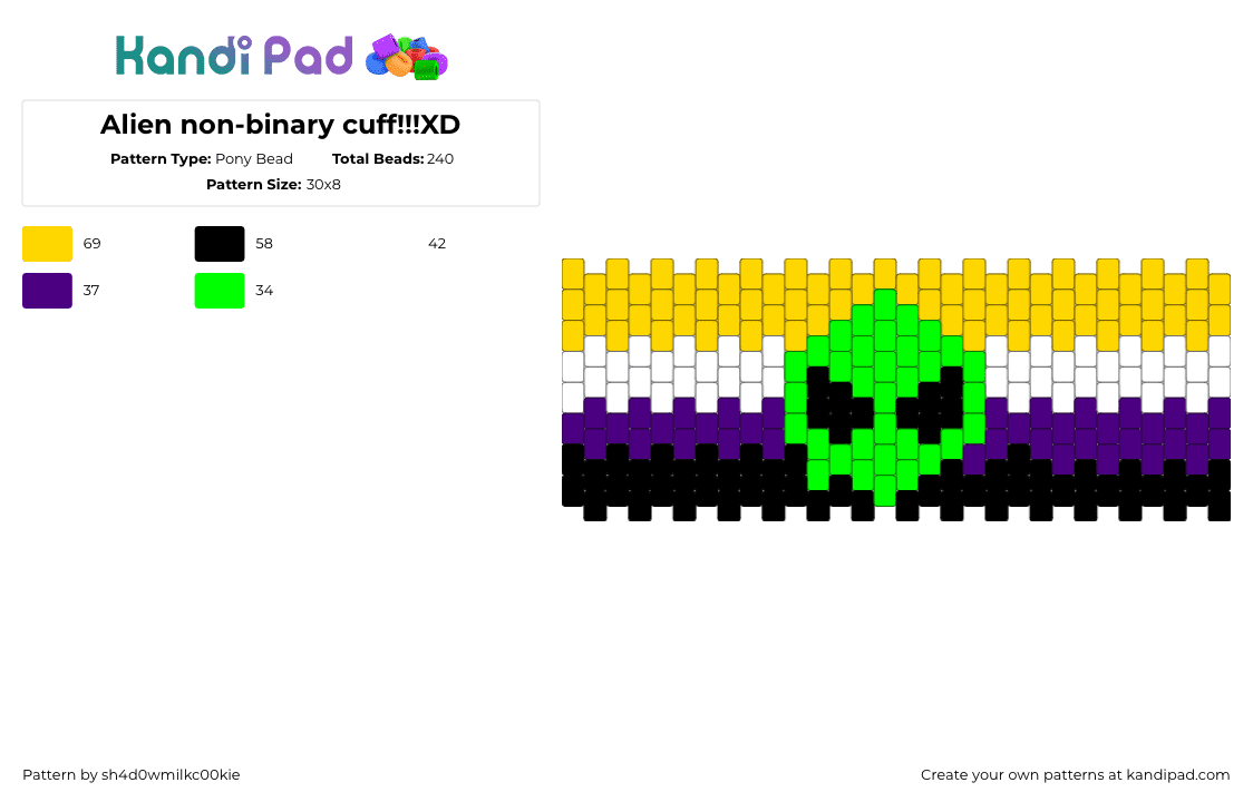 Alien non-binary cuff!!!XD - Pony Bead Pattern by sh4d0wmilkc00kie on Kandi Pad - nonbinary,pride,alien,enby,cuff,green,yellow,purple