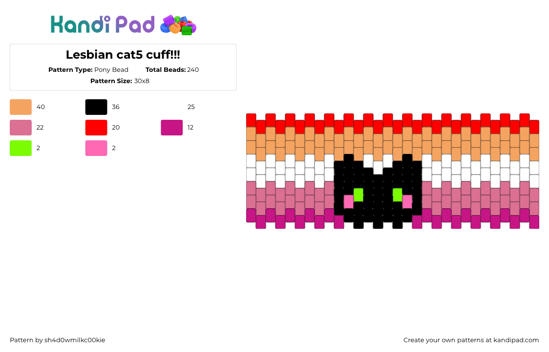 Lesbian cat5 cuff!!! - Pony Bead Pattern by sh4d0wmilkc00kie on Kandi Pad - lesbian,pride,cat,cuff,black,orange,pink