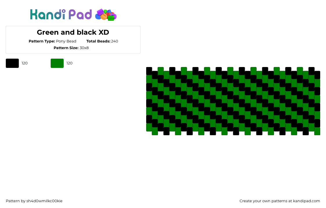 Green and black XD - Pony Bead Pattern by sh4d0wmilkc00kie on Kandi Pad - diagonal,stripes,cuff,green,black