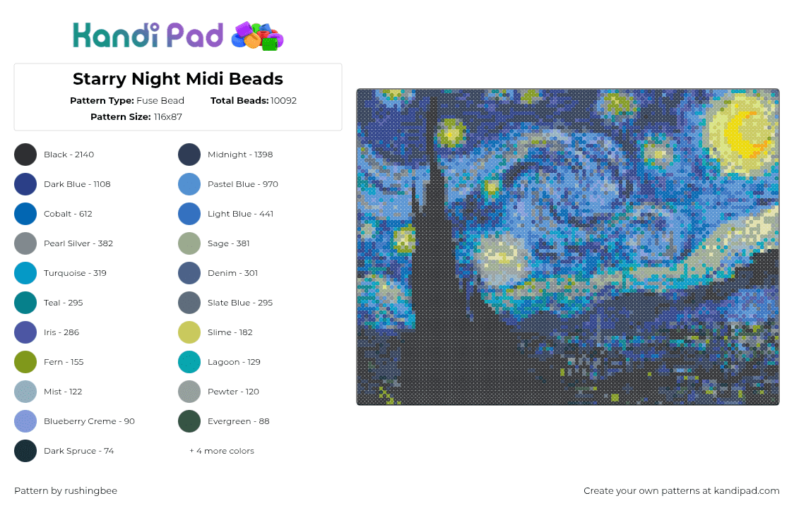 Starry Night Midi Beads - Fuse Bead Pattern by rushingbee on Kandi Pad - art, black, blue, classic, painting, panel, starry night, tapestry, van gogh