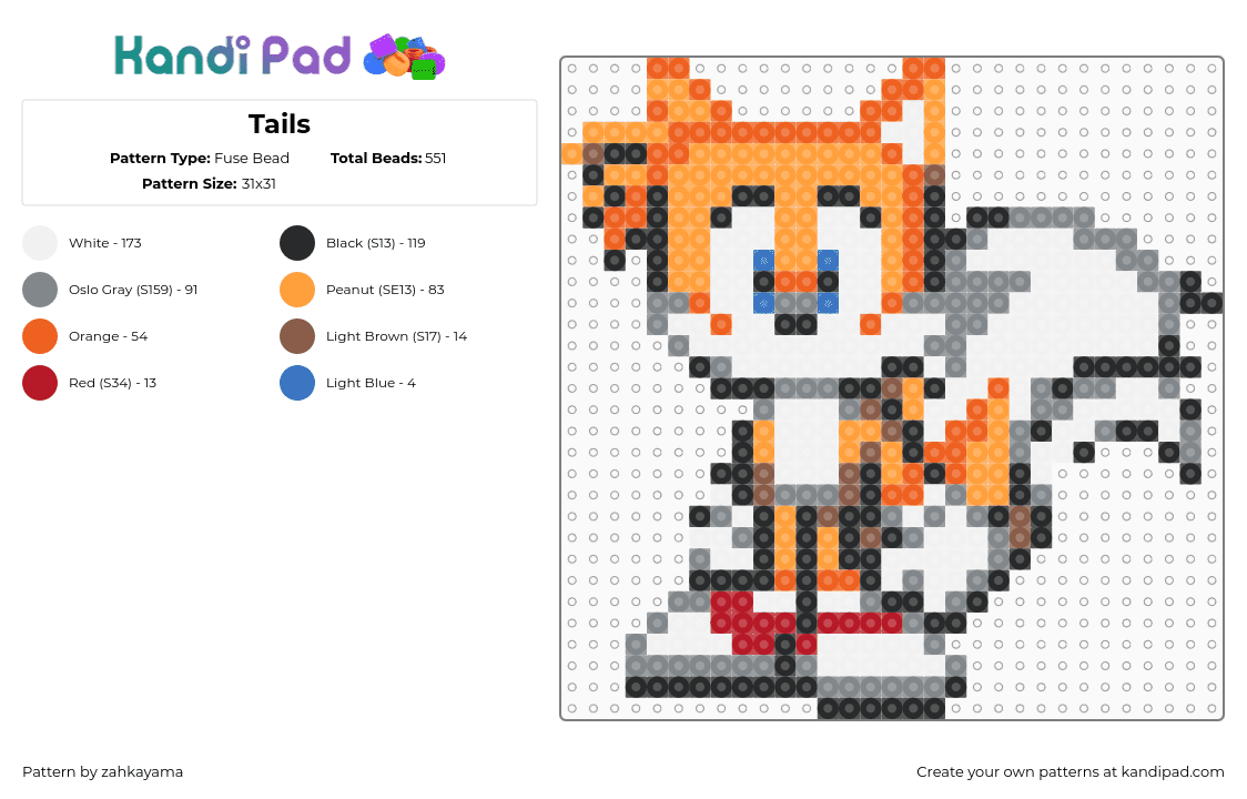 Tails - Fuse Bead Pattern by zahkayama on Kandi Pad - tails,sonic the hedgehog,sega,character,video game,orange,white