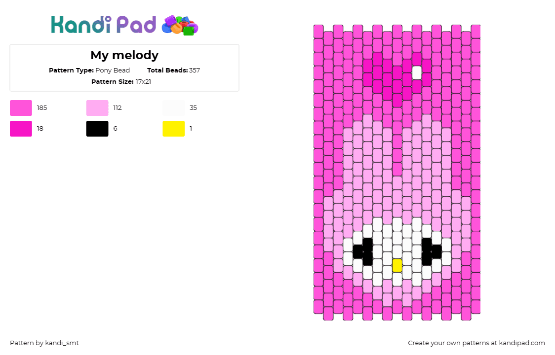 My melody - Pony Bead Pattern by kandi_smt on Kandi Pad - my melody,sanrio,hello kitty,heart,cute,panel,character,pink