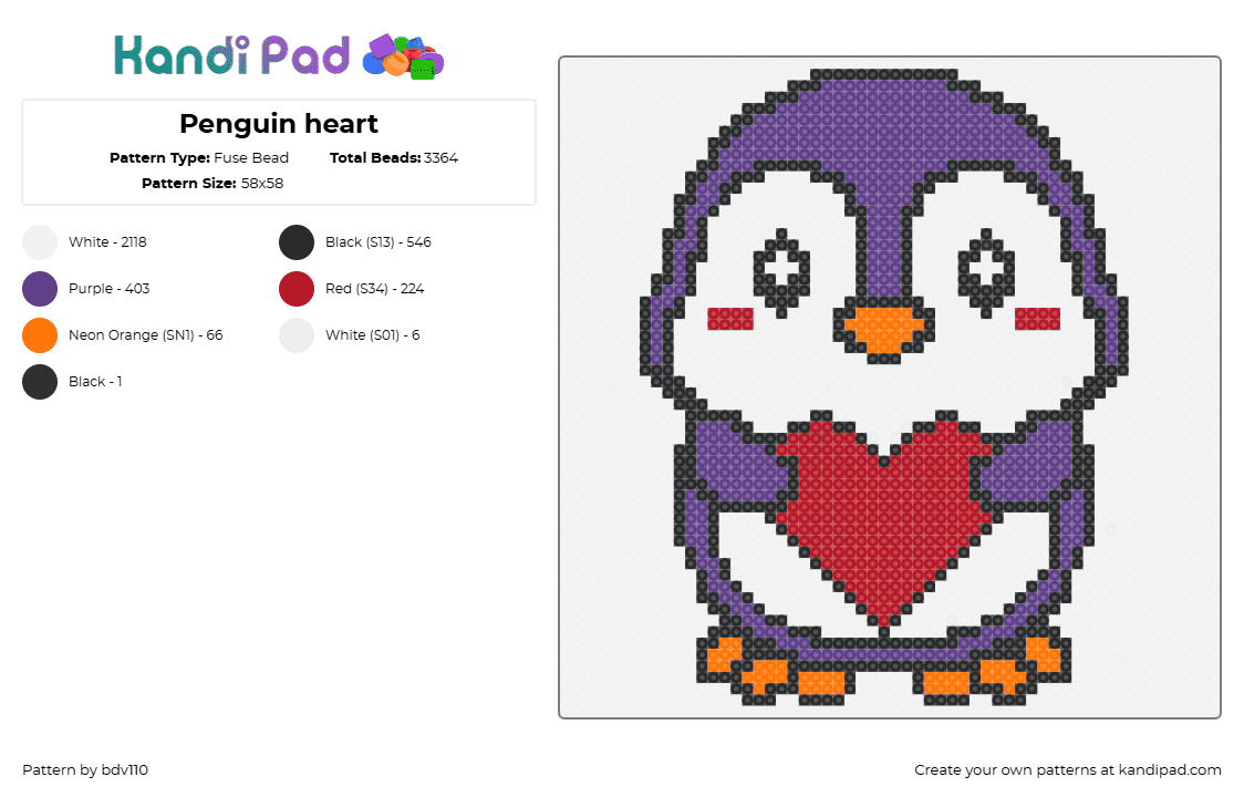 Penguin heart - Fuse Bead Pattern by bdv110 on Kandi Pad - penguin,valentine,love,bird,cute,kawaii,heart,animal,purple,white,pink