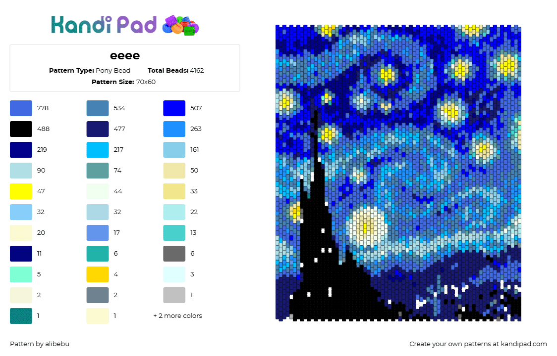 eeee - Pony Bead Pattern by alibebu on Kandi Pad - starry night,van gogh,painting,art,classic,tapestry,panel,blue,black