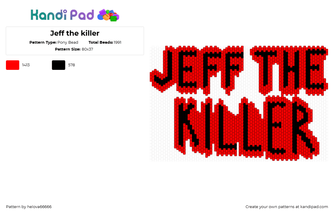 Jeff the killer - Pony Bead Pattern by helova66666 on Kandi Pad - jeff the killer,creepypasta,text,bloody,red,black