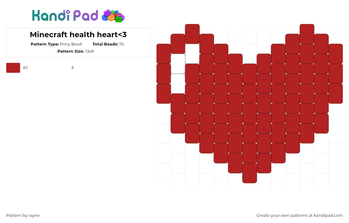 Minecraft health heart - Pony Bead Pattern by rayne on Kandi Pad - heart,minecraft,health,love,video game,charm,red