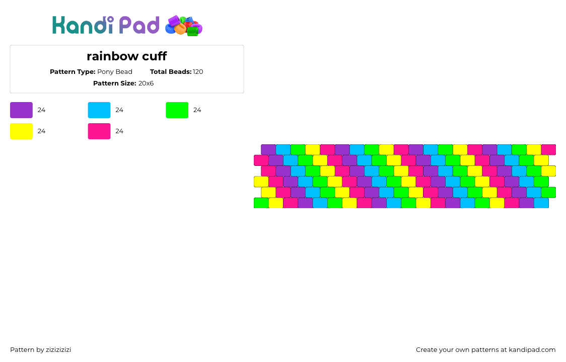 rainbow cuff - Pony Bead Pattern by zizizizizi on Kandi Pad - neon,colorful,diagonal,stripes,cuff,pink,green,yellow