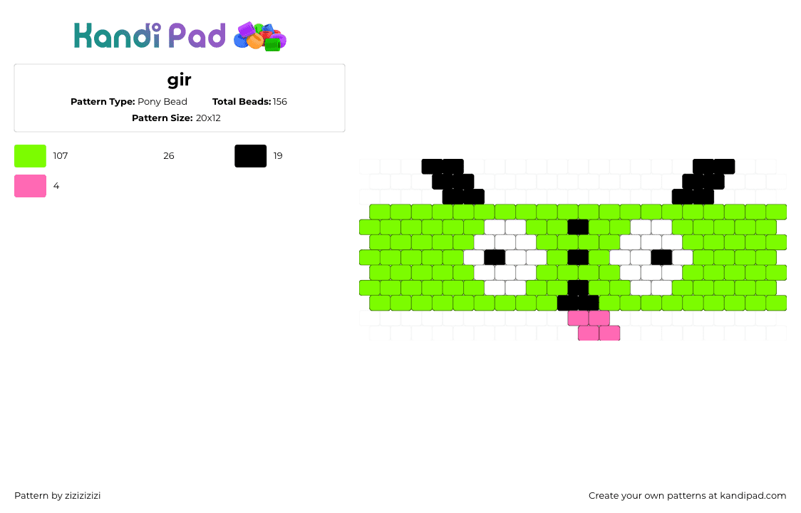 gir - Pony Bead Pattern by zizizizizi on Kandi Pad - gir,invader zim,tongue,face,cuff,cartoon,tv show,green