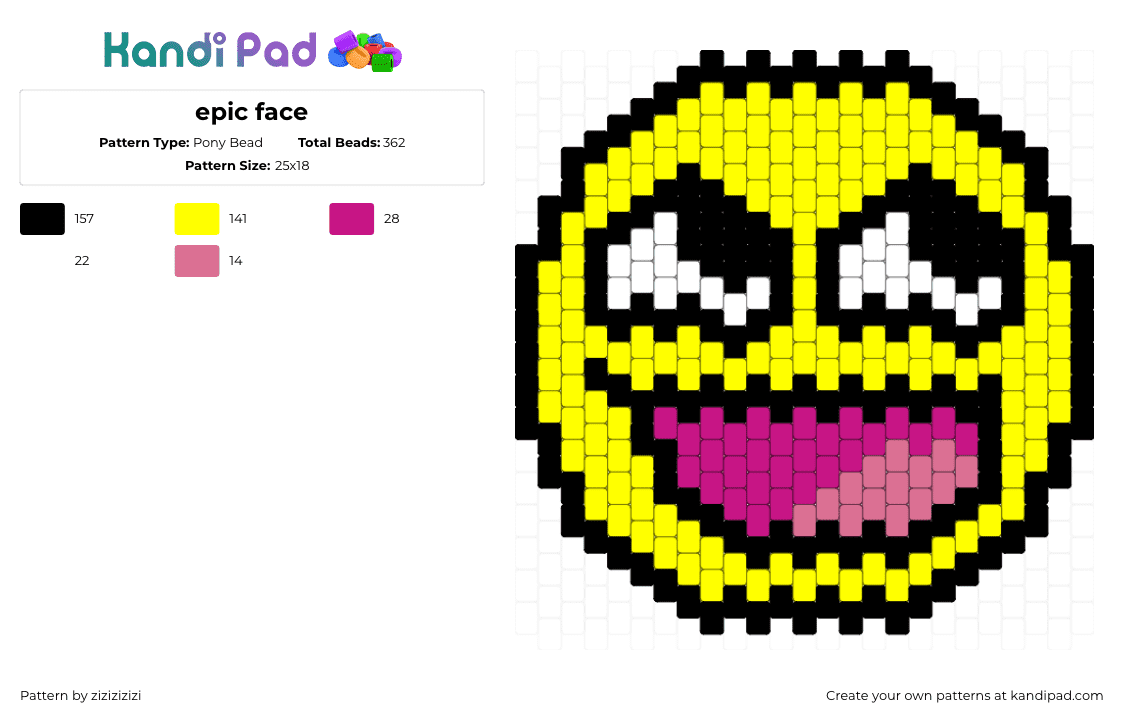 epic face - Pony Bead Pattern by zizizizizi on Kandi Pad - epic face,emoji,roblox,smiley,video game,happy,yellow,pink