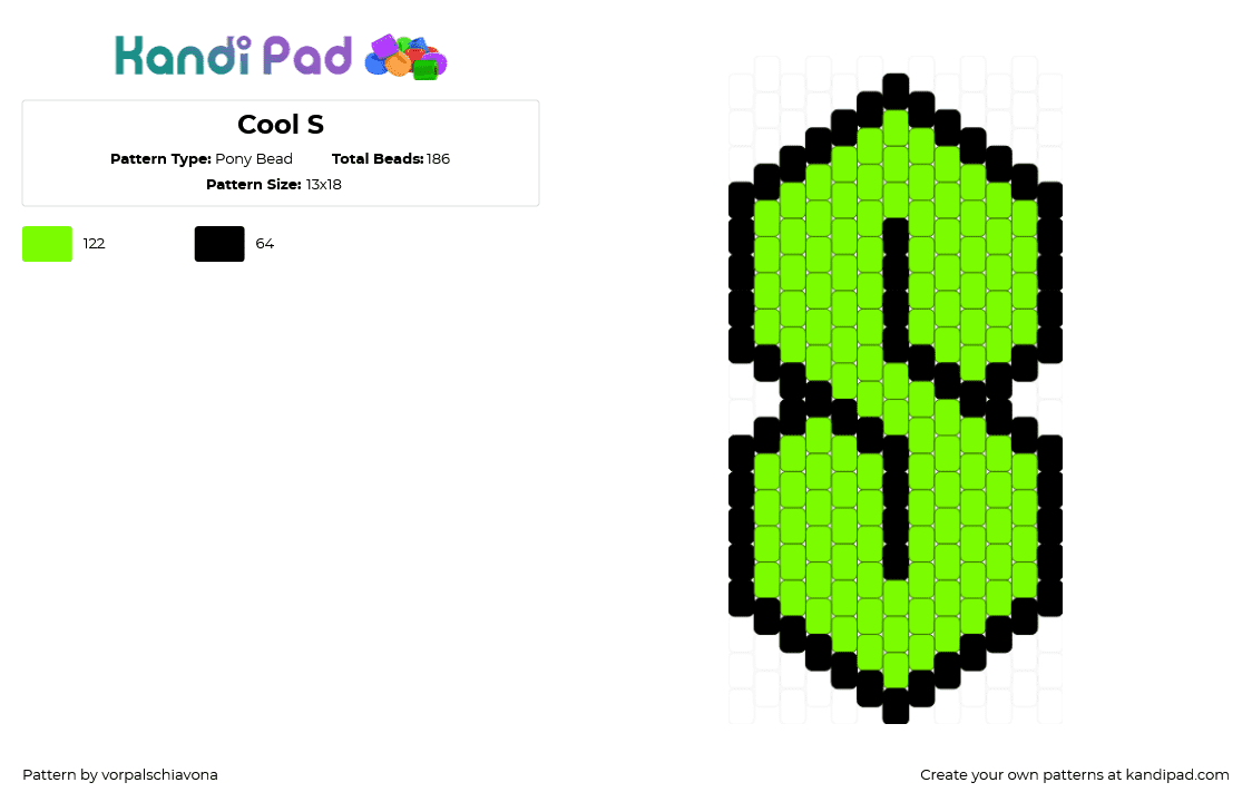 Cool S - Pony Bead Pattern by vorpalschiavona on Kandi Pad - s,nostalgia,text,letter,green