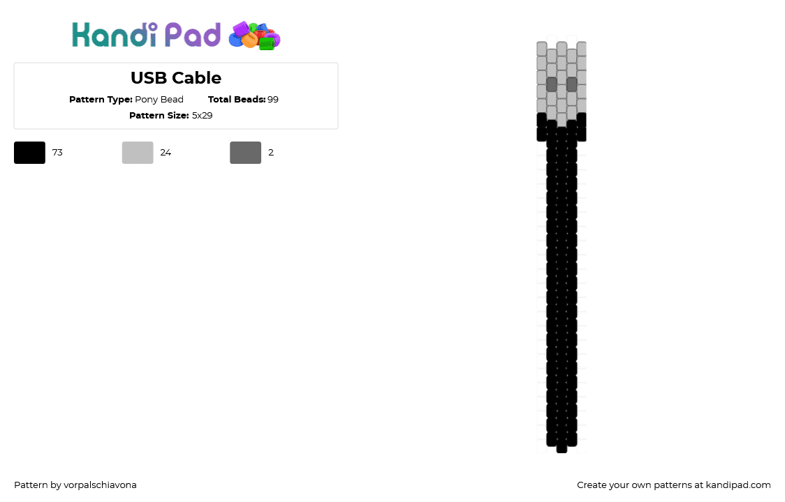 USB Cable - Pony Bead Pattern by vorpalschiavona on Kandi Pad - black,beige,tail,usb,tech