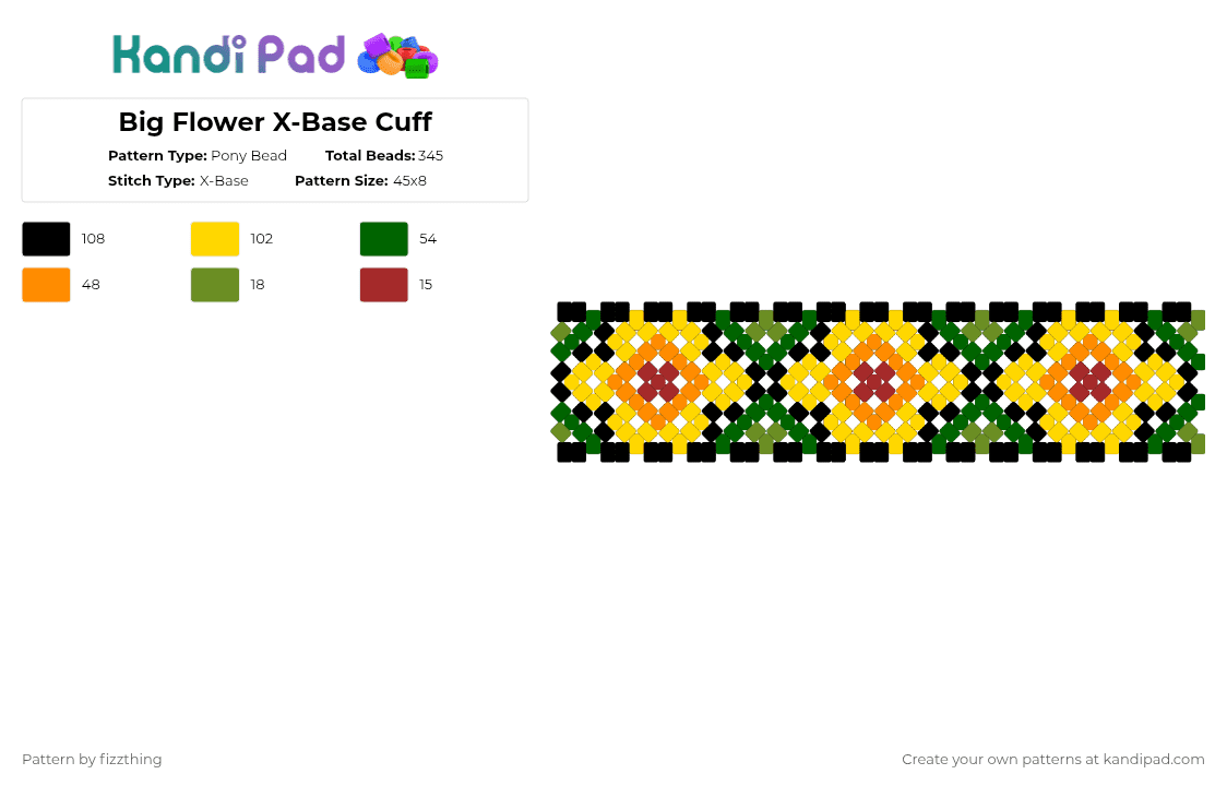 Big Flower X-Base Cuff - Pony Bead Pattern by fizzthing on Kandi Pad - yellow,green,flower,floral