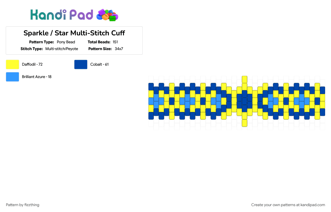 Sparkle / Star Multi-Stitch Cuff - Pony Bead Pattern by fizzthing on Kandi Pad - blue, blue and yellow, sparkle, sparkles, star, stars, yellow, yellow and blue