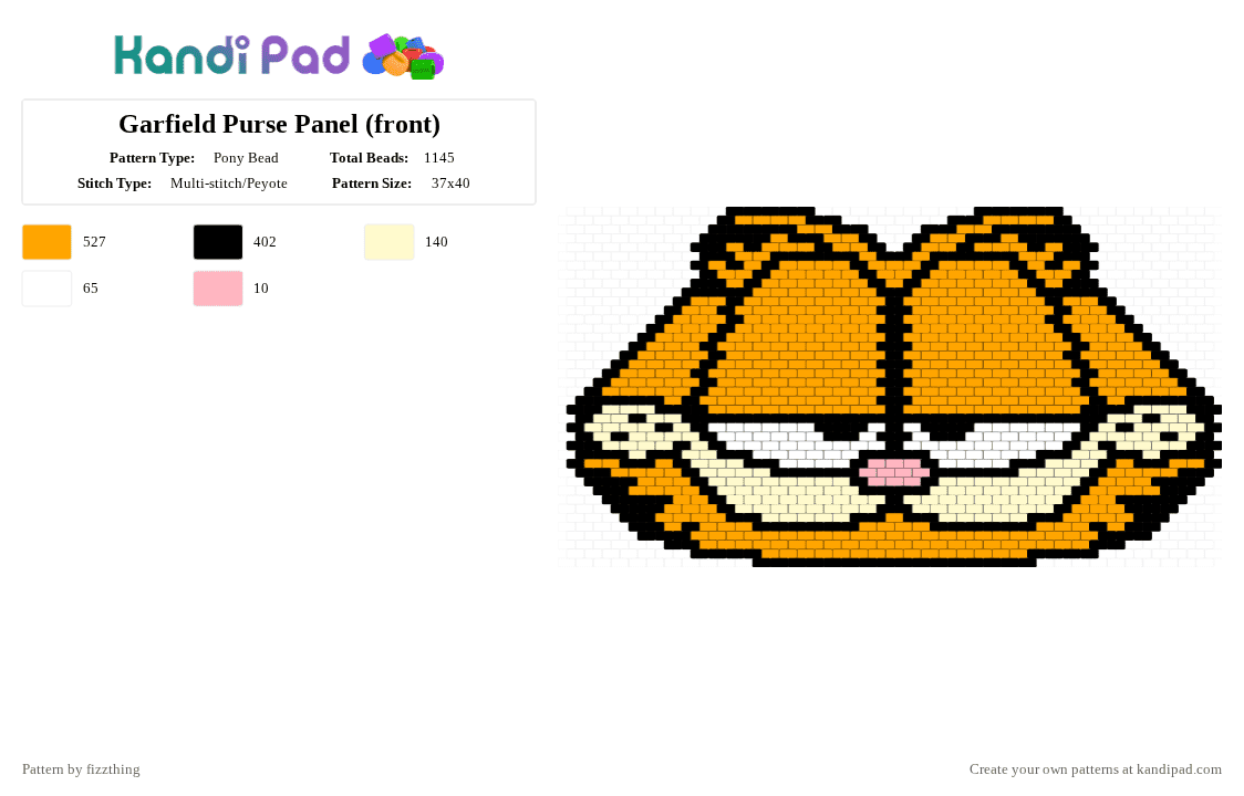Garfield Purse Panel (front) - Pony Bead Pattern by fizzthing on Kandi Pad - garfield,purse,cat,cartoon,animal,comic,panel,bag,orange