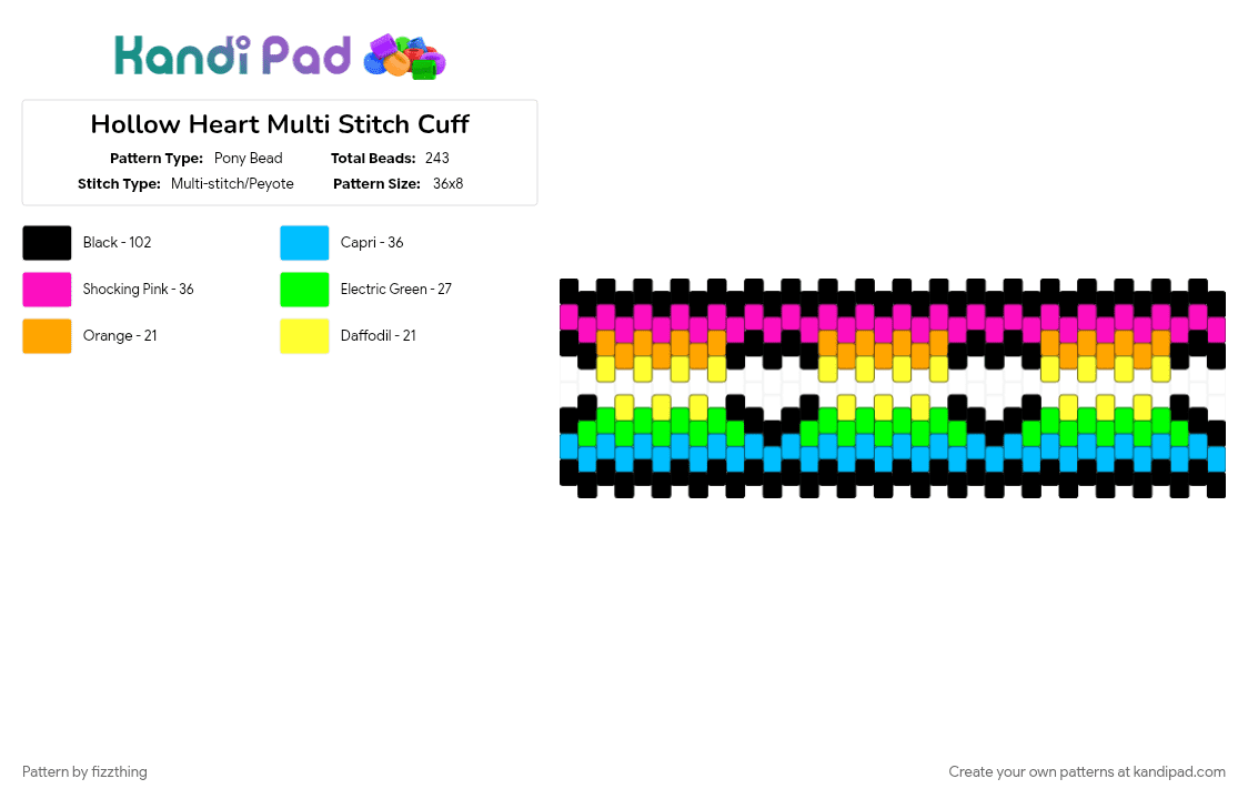 Hollow Heart Multi Stitch Cuff - Pony Bead Pattern by fizzthing on Kandi Pad - black and rainbow, green, heart, light blue, pink, rainbow