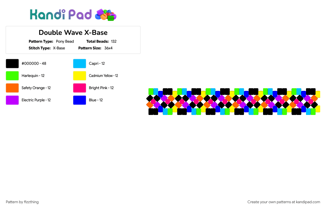 Rainbow & Black Double Wave X-Base - Pony Bead Pattern by fizzthing on Kandi Pad - purple, rainbow, rainbow and black, simple, wave