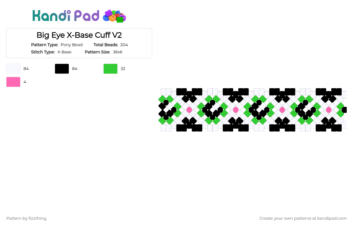 Big Eye X-Base Cuff V2 - Pony Bead Pattern by fizzthing on Kandi Pad - white,green,eyes,weirdcore,creepy