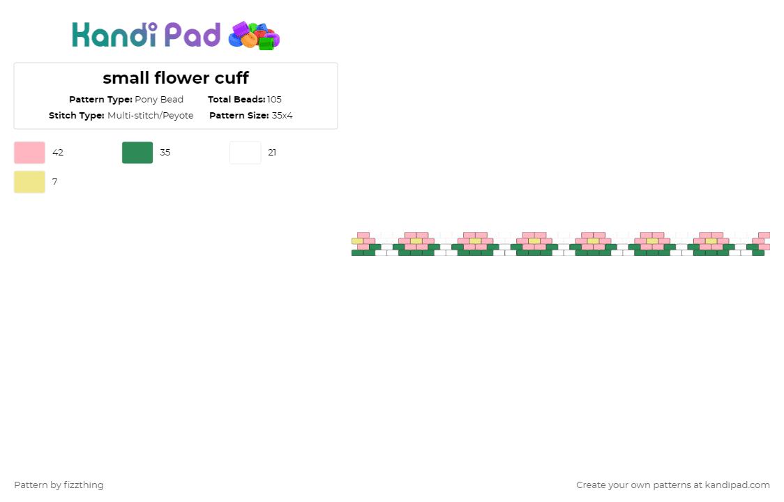 Small Flower Brick Stitch Cuff - Pony Bead Pattern by fizzthing on Kandi Pad - floral, flower, green, pink, simple