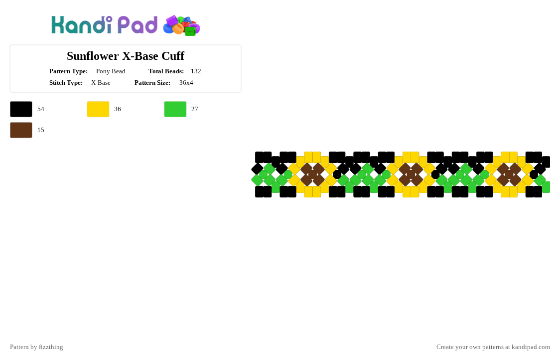 Sunflower X-Base Cuff - Pony Bead Pattern by fizzthing on Kandi Pad - yellow,green,sunflower,floral,flower