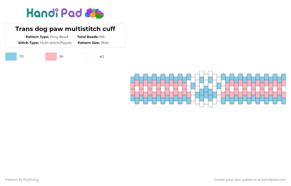 Trans Paw Multi Stitch Cuff - Pony Bead Pattern by fizzthing on Kandi Pad - pink,light blue